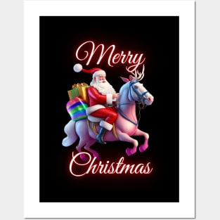 Merry Christmas - Santa Claus Riding His Unicorn Reindeer Posters and Art